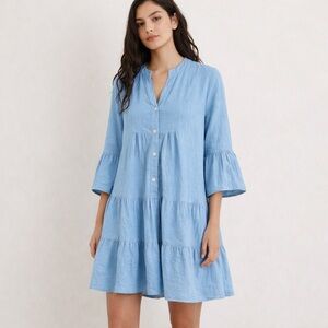 Tempo Paris Linen Tiered Mini Dress Light Blue Bell Sleeve Boho Size Medium M/L
